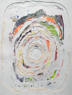 an abstract painting with many different colors and shapes in it's center, on a white background