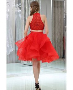 Shop cheap hot red short halter layered organza prom dress with two pieces online. Custom-made any plus size or color. Pro since 2009. Organza Prom Dress, Organza Applique, Homecoming Dresses Sparkly, Short Homecoming Dresses, Cheap Homecoming Dresses, Elegant Bridesmaid Dresses, Gowns Online, Homecoming Dresses Short, Long Bridesmaid Dresses