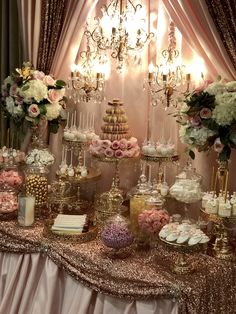 a table topped with lots of different types of desserts and candies on top of it