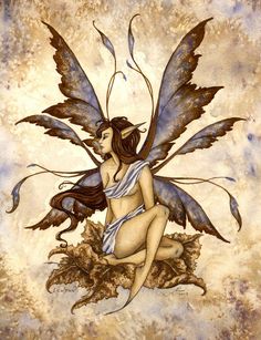 a painting of a woman sitting on top of a leafy plant with her wings spread