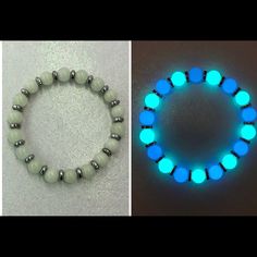 Here Is One Of My New Designs, The Blue Bayoi Glowie Bracelet. Made With Glowing Stone Beads And Hematite Silver Coated Spacer Beads. I Use Top Quality Stretch Cord And A Special Knot. Easy To Slide On And Off, Size Fits Most. Recharges In The Sun And Will Glow In The Dark Many Years. White Luminous Beaded Bracelets For Gifts, Adjustable White Luminous Beaded Bracelets, Adjustable Luminous Blue Jewelry, Adjustable Blue Luminous Jewelry, Glow In The Dark Bracelets, Silver Glow In The Dark Jewelry For Party, Glow In The Dark Beaded Bracelets, Glow In The Dark Necklace Pendants, Rustic Cuff Bracelets