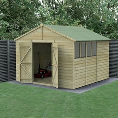 a shed with a lawn mower in it