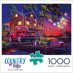 a jigsaw puzzle with a red truck on the water and fireworks in the sky