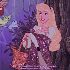 the princess is holding a basket in front of her face and two birds flying around