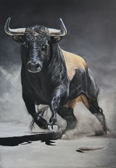 a painting of a bull running in the sand