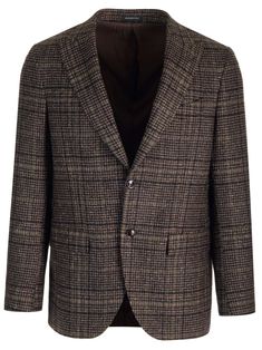 Checked jacket from Al Duca D'Aosta in wool, silk and cashmere, peak lapels, single-breasted fastening, two flap pockets, one welt pocket on the chest. Designer Wool Blazer With Single Button, Designer Single Button Wool Blazer, Designer Business Casual Blazer With Welt Pockets, Designer Blazer With Welt Pockets For Business Casual, Designer Blazer With Notch Lapel And Welt Pockets, Luxury Single Button Tweed Jacket For Fall, Luxury Single-button Tweed Jacket For Fall, Luxury Wool Blazer With Single Button, Luxury Tweed Jacket With Patch Pockets For Office