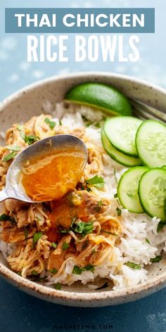 a bowl filled with rice, cucumbers and sauce