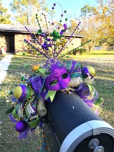 a purple and green mardi gras decoration on top of a mailbox