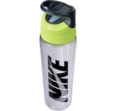 a plastic water bottle with a green lid and black cap on the top, has an eyeball logo