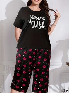 Bjux - Womens Plus Size Casual Pajama Set: Letter Print Short Sleeve Top with Kiss Print Capri Pants - Stylish Two Piece Pajamas Set Summer Loungewear Pants With Letter Print, Cute Letter Print Sleepwear For Pajama Party, Summer Letter Print Loungewear Pants, Cute Letter Print Loungewear Sets, Black Pants For Summer Pajama Party, Casual Black Home Sets, Cotton Letter Print Sets For Pajama Party, Casual Letter Print Sets For Pajama Party, Cute Letter Print Sleepwear