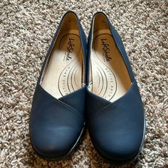 Navy Flats, Comfy And Nice For Casual Wear Or Business. Never Worn. Comfortable Blue Slip-ons With Cushioned Footbed, Comfortable Blue Slip-ons With Round Toe, Blue Slip-on Walking Shoes For Spring, Comfortable Flat Blue Walking Shoes, Comfortable Blue Slip-ons With Removable Insole, Blue Casual Flats With Ortholite Insole, Blue Synthetic Walking Shoes With Round Toe, Blue Slip-on Walking Shoes With Round Toe, Comfortable Blue Walking Shoes With Flat Heel