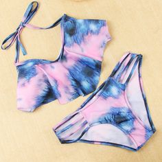 Tie Dye Pink Blue Block Bikini Sets Dye Clothes, Gradient Fashion, Nice Night, Random Fashion, Triangle Swimsuit, Push Up Swimsuit, Triangl Swimwear