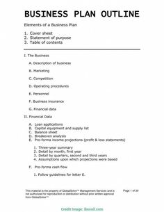 the business plan outline is shown in black and white, with an additional title for each section