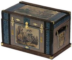 an old fashioned box with pictures on it