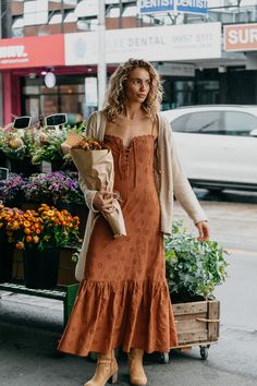 Maple Dress, Cosy Evening, Maple Brown, Unique Embroidery, Embroidery Detailing, Flowy Fabric, Embroidered Maxi Dress, Fall Clothes, Embroidery Fabric