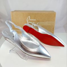 Nwt$795 Louboutin Hot Chickita Silver Leather Slingback Flats Sz 38 (Left Shoe) And 38.5 (Right Shoe) **Half Size Difference Between The Pair- Hardly Noticeable Difference Since It's A Slingback** Christian Louboutin's Hot Chickita Flats Are Crafted Of Metallic Leather With A Scalloped Slingback Strap. Leather Upper Point Toe Slips On Tpu Sole Made In Italy Brand New From Saks Fifth Avenue!! Strikeout To Prevent Returns Back To Saks. 100% Authentic With Original Box!! Tags: Fall, Autumn, Hallowe Silver Slingback Pumps With Branded Heel For Evening, Silver High Heel Luxury Slingback Pumps, Luxury Silver High Heel Slingback Pumps, Silver Slingback Pumps With Branded Heel Counter, Silver Leather Slingback Pumps For Party, Silver Leather Slingback Pumps For Evening, Luxury Silver Slingback Pumps With Heel Strap, Silver Leather Pointed Toe Slingback Pumps, Silver Slingback Pumps With Heel Strap For Formal Occasions