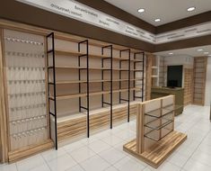 an empty store with wooden shelves and glasses