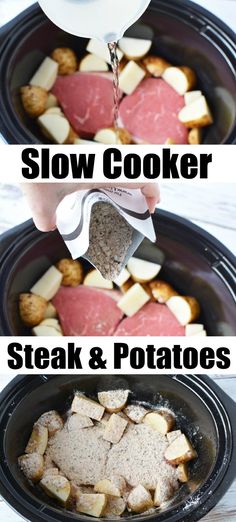 slow cooker steak and potatoes are being cooked in the crock pot for dinner