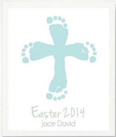 a blue cross with the words easter 2011 written on it and footprints in green ink