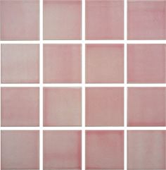 pink tiles are arranged in rows on a white wall, with one red square at the center