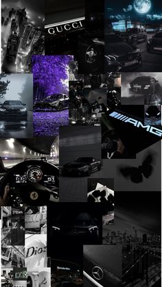 a collage of black and white photos with cars