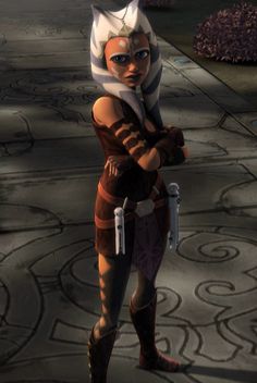 an animated character standing on a sidewalk with her arms crossed and looking at the camera