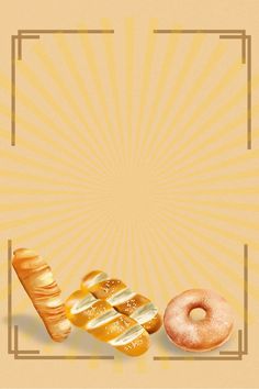 an image of bread and donuts on a yellow background with sunbursts