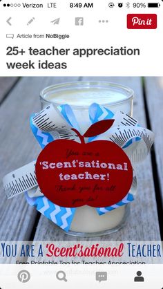 a teacher appreciation jar with an apple on it and ribbon around the top that says, you are a sensation teacher