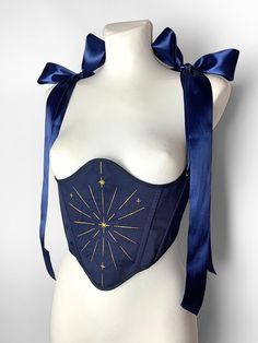 underbust corset belt, royal blue corset, fairy embroidered corset, renaissance ren faire corset, 18th century stays, astrology corset This corset is reversible. Included with the corset are detachable shoulder straps.  It is very durable and will accentuate all the advantages of your figure thanks to the boning sewn into every seam. !!The default color for the eyelets will match the embroidery color: gold or silver!! We tailor to any sizes! If you have any questions, please feel free to contact Gold Underbust Corset, Blue Overbust Corset For Costume Party, Blue Underbust Corset, Corset Belt Pattern, Ren Faire Corset, Witch Corset, Eras Tour Dress, Mad Fit, Navy Blue Corset