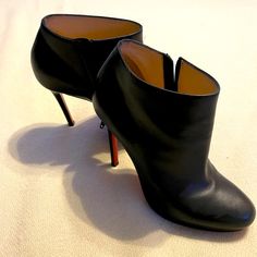 Black Leather Christian Louboutin Ankle Boots. 4.5” Heel. Inside Zip. Soles Show Signs Of Wear, But Otherwise In Great Condition. Louboutin Ankle Boots, Black Leather Ankle Boots, Louboutin Shoes, Leather Ankle Boots, Christian Louboutin Shoes, Bootie Boots, Christian Louboutin, Ankle Boots, Black Leather