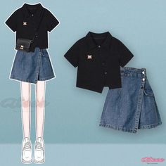 Qteee - Classic Bear Embroidery Crop Polo T-Shirt paired with Denim Shorts Bear Embroidery, Striped Two Piece, Polo T Shirt, Belted Shorts, Summer Color, Season Summer, Short Sets, Pleated Skirt, Black Blue