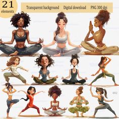 there are many women doing yoga poses in different positions on this page, each with their own name