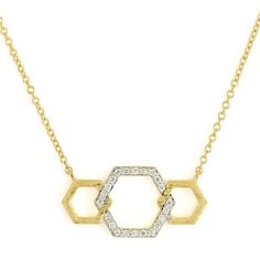 This 18k yellow gold necklace features a triple hexagon intertwined design with a total diamond weight of 0.11 carats. The necklace is a stunning piece of women's jewelry that adds elegance and sparkle to any outfit. Perfect for special occasions or everyday wear. From the JudeFrances collection. Elegant Hexagon Diamond Cut Necklace, Gold Octagon Necklace With Diamond Accents, Gold Octagon Necklaces With Diamond Accents, Elegant Octagon Yellow Gold Diamond Necklace, Elegant Yellow Gold Octagon Diamond Necklace, Gold Hexagon Necklace For Formal Occasions, Gold Hexagon Necklace For Formal Events, Gold Hexagon Necklace, Diamond Pendants