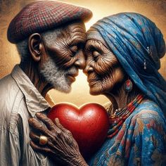 an old man and woman holding a heart