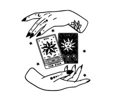 two hands holding playing cards with the sun and moon above them, in black and white