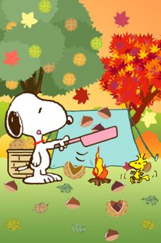 a cartoon dog holding a baseball bat in front of a campfire with autumn leaves on the ground