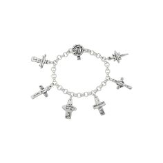 This bracelet beautifully captures the life of our Savior in six charms: birth, baptism, miracles, last supper, crucifixion and resurrection. Each cross has the name of Christ's significant event inscribed on the back, and the corresponding chapter from the book of Luke in the Bible - Complete with a crown of thorns toggle set! · Sterling silver · 7 1/2" length · Cross 1"L x 1/2"W · Handcrafted toggle clasp · Made in New Orleans · 1 year warranty · Complimentary gift packaging · Free shipping · Silver Spiritual Rosary Bracelet For Blessing, Spiritual Silver Cross Charm Bracelet, Spiritual Silver Charm Bracelet With Cross, Spiritual Silver Rosary Bracelet With Charms, Book Of Luke, Names Of Christ, Free Postcards, Life Of Christ, Our Savior