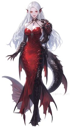 a woman with white hair wearing a red dress and holding a black dragon's tail