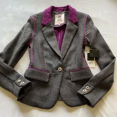 Piped Details / Bound Seams / Nwt Size Xs 32” Bust / 23” Shoulder To Hem / 28” Waist / 15” Across Shoulders Trendy Fitted Purple Blazer, Purple Fall Office Blazer, Purple Single Breasted Blazer For Winter, Trendy Purple Blazer For Work, Fitted Purple Blazer With Pockets, Trendy Purple Blazer For Fall, Trendy Purple Fall Blazer, Purple Wool Outerwear For Work, Purple Blazer With Pockets For Fall