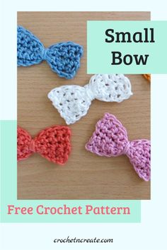 three crocheted bows with the words small bow on them and an image of two different