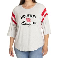 Elevate the style of your game day tee with this Houston Cougars Sabrina Jersey T-shirt. It features the team name and logo accentuated by contrast-color side stitching and sleeve stripes. A rounded hem gives this Houston Cougars shirt a more comfortable fit and feel. Fan Gear Graphic Tee With Crew Neck, Relaxed Fit Graphic Tee For Game Day, Graphic Tee With Relaxed Fit For Game Day, Game Day Fan Apparel Tops With Crew Neck, Collegiate Relaxed Fit Tops For Football Season, Varsity Crew Neck Top For Football Season, Varsity Style Short Sleeve College Tops, Casual Game Day Tops With Logo Print, Game Day Relaxed Fit Short Sleeve Tops