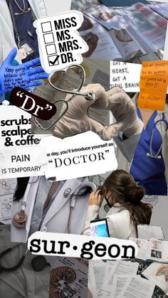 collage of doctors and medical related items with the words sur - geon written on them