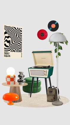 an assortment of furniture and accessories including a record player