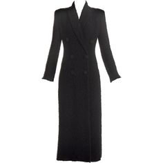 John Galliano black bouclé wool double breasted maxi coat with cord-wrapped buttons, silk lining and peak lapels. Fall-Winter 1995 Luxury Long Coat For Evening Wear, Luxury Long Coat For Evening, Luxury Long Sleeve Evening Outerwear, Designer Double-breasted Evening Outerwear, Dior Jacket, Designer Coats, Vintage Coats, Maxi Coat, Futurism