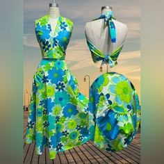 Two Piece Vintage Bedsheet Wrap Top & Skirt Set Waist: 32” Skirt Length: 35” #Retrostyle #Vintagestyle #Vintagebedsheet #Pinupstyle Fitted Retro Skirt For Vacation, Retro Fitted Skirt For The Beach, Green Beach Dress With Lined Skirt, Retro Fitted Skirt For Vacation, Blue Retro Skirt With Floral Print, Green Lined Beach Dress, Retro Blue Floral Print Skirt, Retro Summer Dress With Lined Skirt, Corset Midi Dress