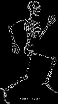 an image of a skeleton running with words written in the form of letters on it