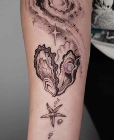 an image of a tattoo on the arm with words over it that says oyster tattoo shell designs and pearl ideas