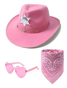 a pink cowboy hat, bandana and sunglasses are on the white background next to each other