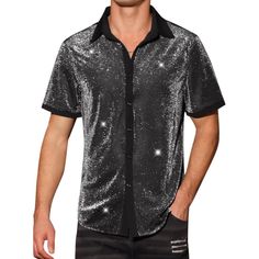 This stylish short-sleeved button-down shirt features a sheer mesh design with a shiny pattern that exudes charm and fashion. The see-through quality adds a touch of charm, making it a perfect choice for various occasions such as weddings, clubbing, or late-night outings. Pair this unique shirt with sleek leather pants to elevate your look. Unlike ordinary shirts, the contrasting color design of this shiny shirt adds a fashionable twist to your ensemble. Get this trend of metallic shirts as they Fitted Short Sleeve Party Shirt, Disco Style Short Sleeve Summer Shirt, Party Season Short Sleeve Shirt, Party Short Sleeve Shirt, Summer Disco Style Short Sleeve Shirt, Fitted Short Sleeve Shirt For Party Season, Fitted Disco Shirt For Party Season, Disco Style Fitted Shirt For Party Season, Casual Summer Party Shirt