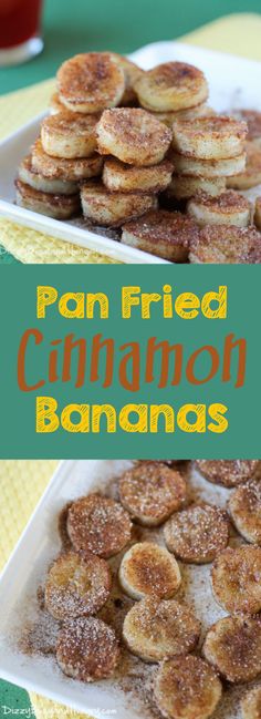 pan fried cinnamon bananas on a plate with the title overlay reads, pan fried cinnamon bananas